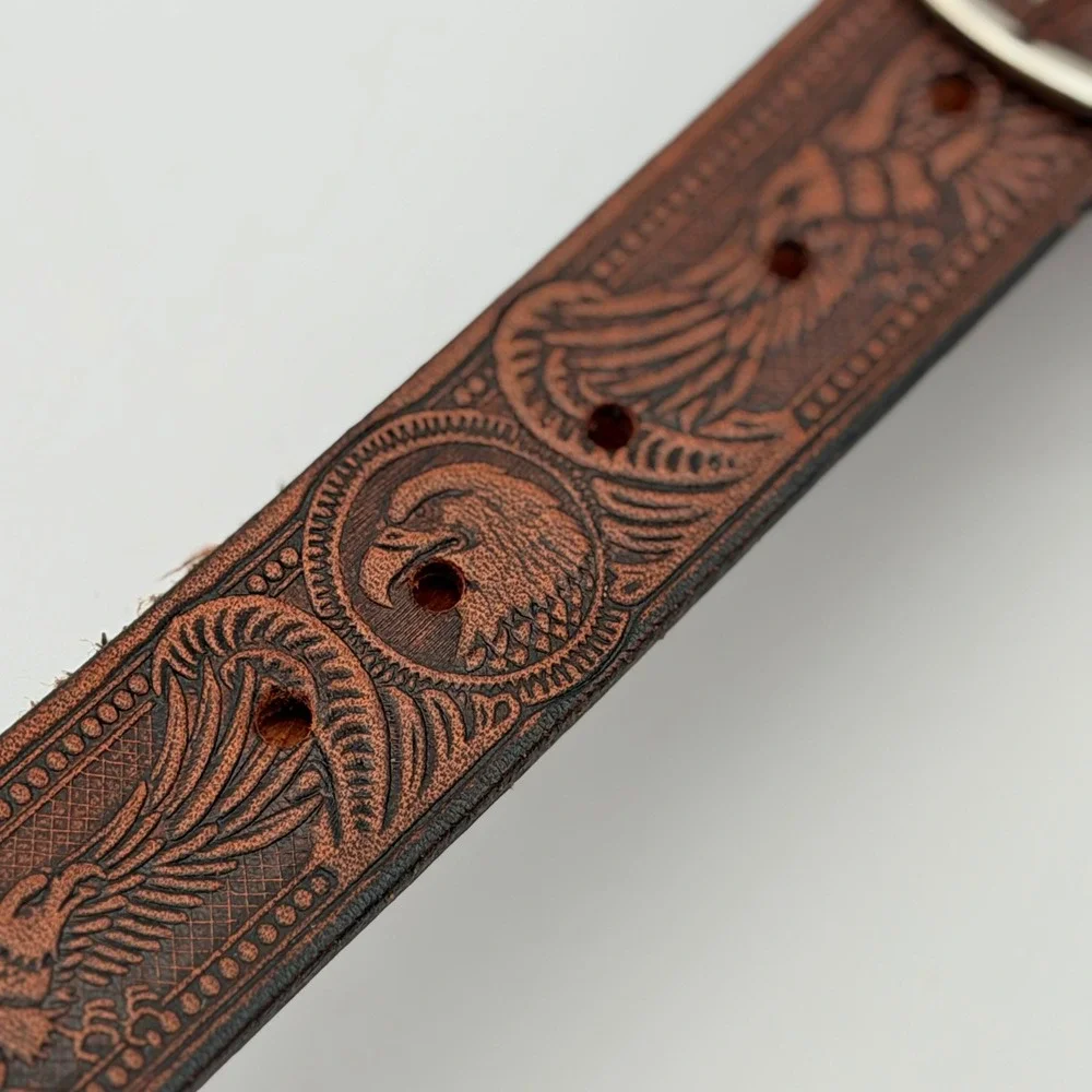 Vintage Western Brown Tooled Leather Belt Eagle Phoenix Embossed Silver Buckle